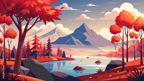 Vector art of a vibrant autumn landscape featuring a tranquil lake, majestic mountains, and colorful trees under a serene sky, creating a peaceful and scenic view