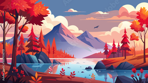 Vector art of picturesque autumn scene showcasing a tranquil lake mirroring towering mountains, framed by vibrant foliage under a clear sky, creating a serene vista