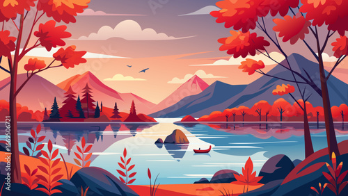 Vector art of scenic autumn landscape with lake, mountains, and colorful trees reflecting in the water under a vibrant sunset sky, creating a peaceful and serene atmosphere