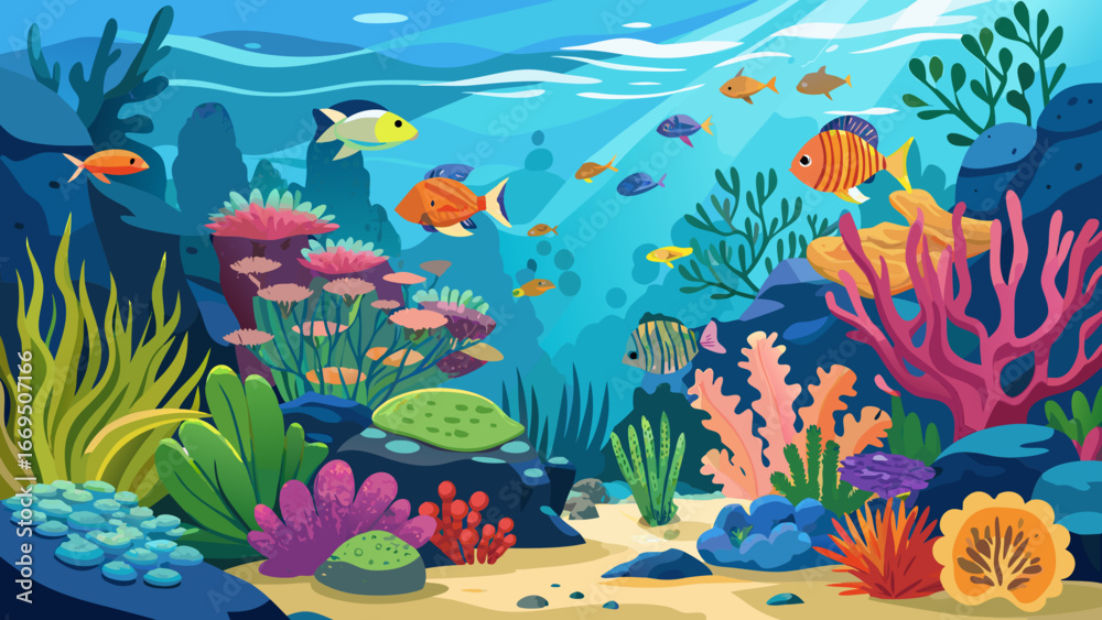Naklejka premium Vector art of colorful underwater scene showcasing vibrant coral reefs, diverse fish species, and sunlit waters, depicting a thriving marine ecosystem illustration