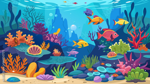 Vector art of enchanting underwater landscape featuring colorful coral reefs, playful fish, and sundappled waters, creating a captivating marine ecosystem scene