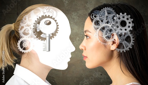 Two women profiles with gears representing brains