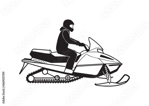 Black Silhouette of Person Riding Snowmobile Vector Winter Sports Icon.