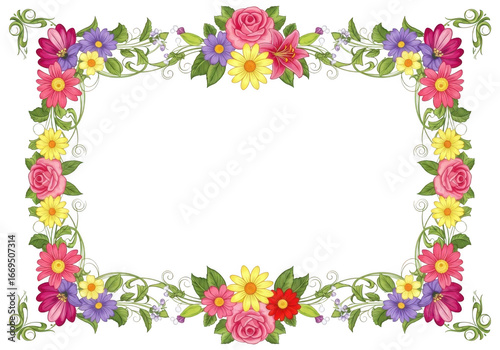 Floral rectangular frame with colorful flowers and green leaves isolated on transparent background