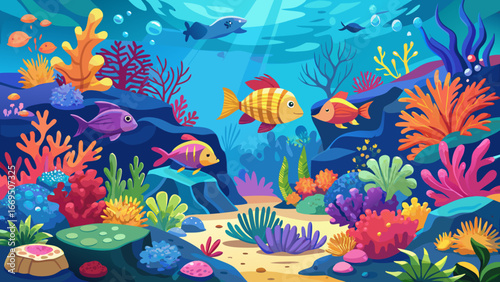 Vector art of colorful underwater world with coral reef and fish, a vibrant marine ecosystem with diverse aquatic life and tropical colors in the deep ocean