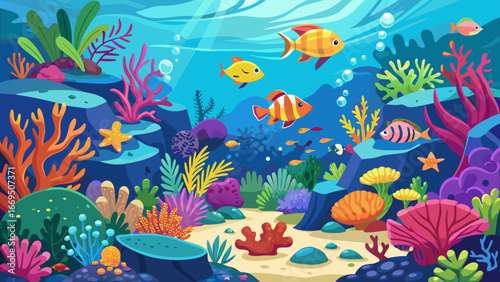 Vector art of vibrant underwater scene with colorful coral reef, fish, and marine life, showcasing a diverse tropical ecosystem in the deep blue ocean