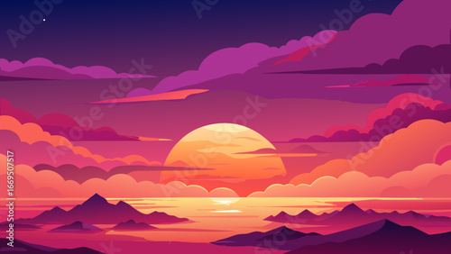 Vector art of a serene sunset over the sea, with mountains and clouds in the distance, creating a tranquil and beautiful landscape at dusk