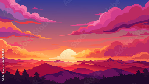 Vector art of a vibrant sunset over the mountains, with colorful clouds and a beautiful landscape creating a serene and peaceful atmosphere at dusk