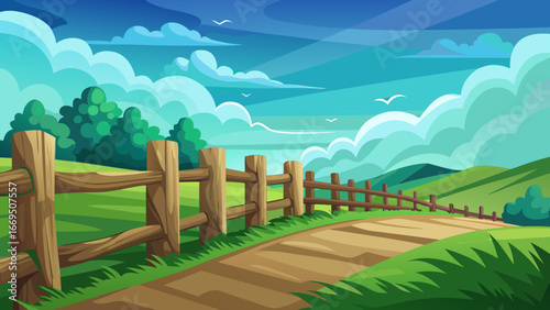 Vector art of a peaceful rural landscape with a wooden fence, green fields, and a blue sky, creating a tranquil and inviting scene in nature