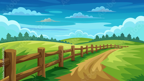 Vector art of picturesque countryside landscape featuring a wooden fence, green fields, and a blue sky with clouds on a sunny day, creating a peaceful and serene scene