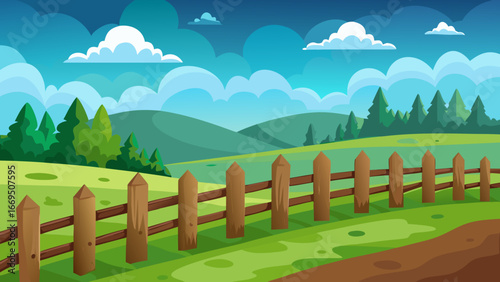 Vector art of scenic countryside landscape with a wooden fence, rolling green hills, and fluffy clouds in the sky, creating a peaceful and idyllic rural scene