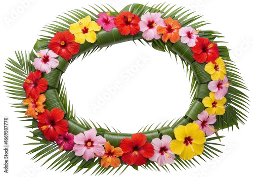 A tropical flower wreath with hibiscus and palm leaves isolated on transparent background