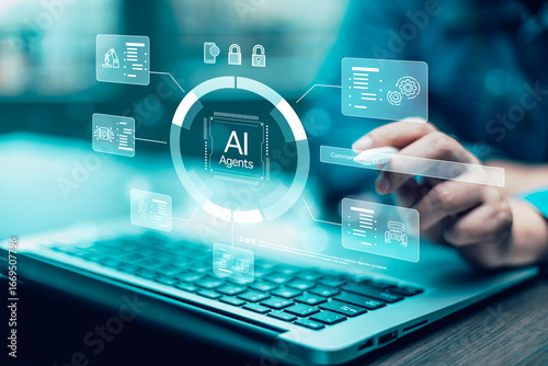 AI Agents and  software interface concept,virtual assistant for customer service, futuristic smart automation with  AI assistant for graphic design, translation and chatbot.