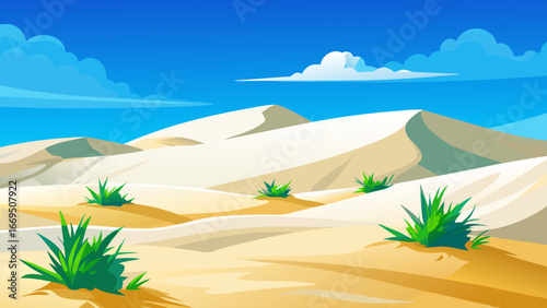 Vector art of cartoon desert landscape featuring sand dunes, blue sky, and sparse vegetation, ideal for travel, adventure, and naturethemed illustrations and backgrounds