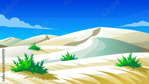 Vector art of cartoon desert landscape with sand dunes, green bushes, and a blue sky with clouds, creating a scenic and adventurous travel destination