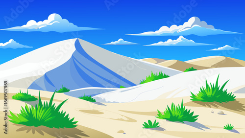 Vector art of cartoon desert landscape with sand dunes, green grass, and a blue sky with clouds, creating a scenic and adventurous travel destination