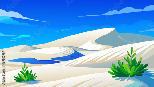 Vector art of serene desert landscape featuring rolling sand dunes, clear blue sky, and sparse vegetation, creating a tranquil and picturesque scene
