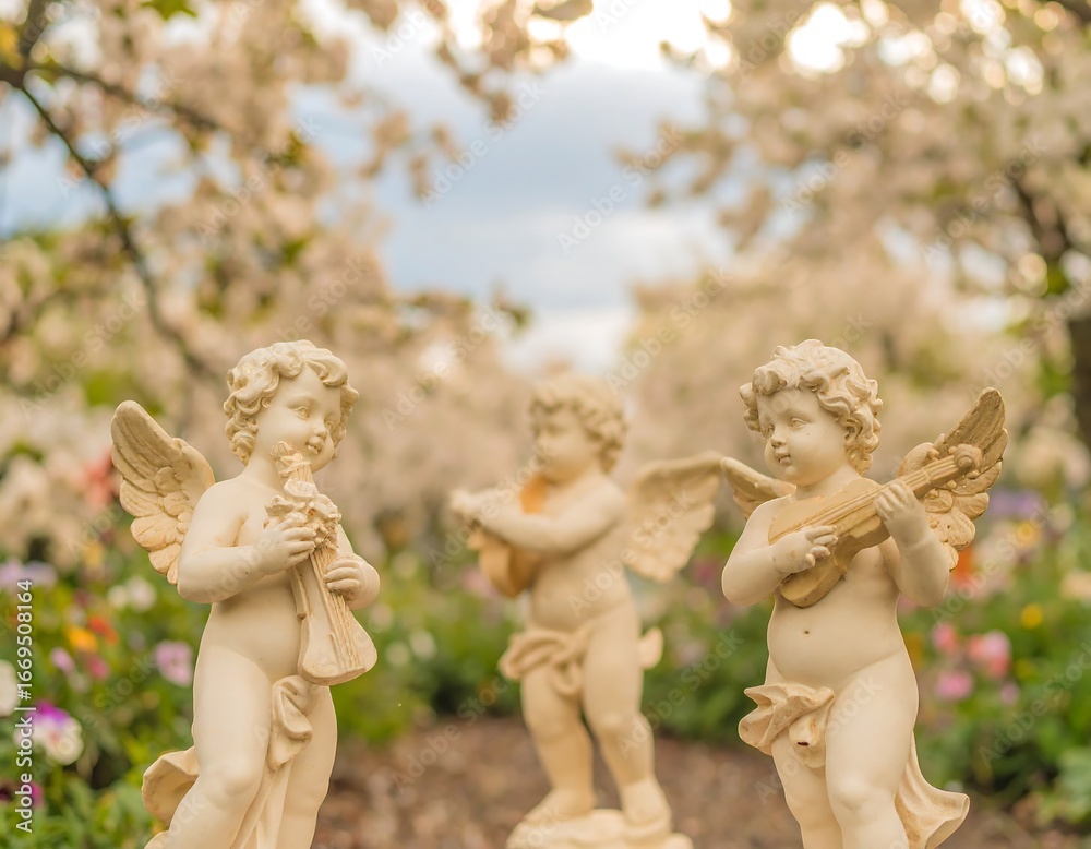 Obraz premium Three cherubs playing instruments in a spring garden