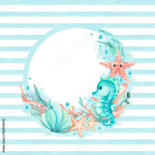 Watercolor card sea creatures circle template. Blue strips children illustration frame isolated from background. Seahorse, starfish, seaweed, seashell and bubbles for postcard, packaging, scrapbook.