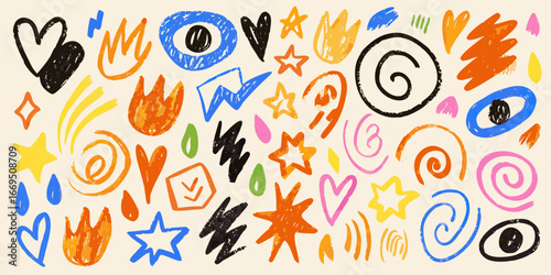 Colorful Hand Drawn Doodle Elements on Light Beige Background hearts