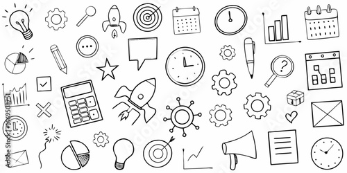 Hand Drawn Business and Finance Icons Collection on White Background doodle