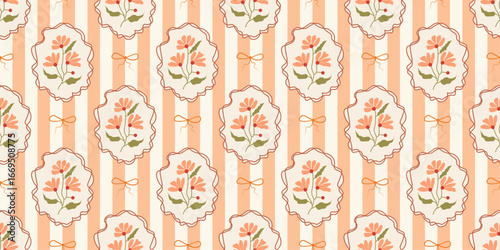 Seamless pattern on a striped background with hand drawn flowers in vintage frames and bow. Cottagecore coquette trendy print in fall colors. Vector illustration for textile, wrapping paper.
