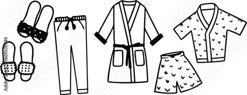 Vector art of collection of sleepwear and loungewear including slippers, pants, robe, and pajamas.