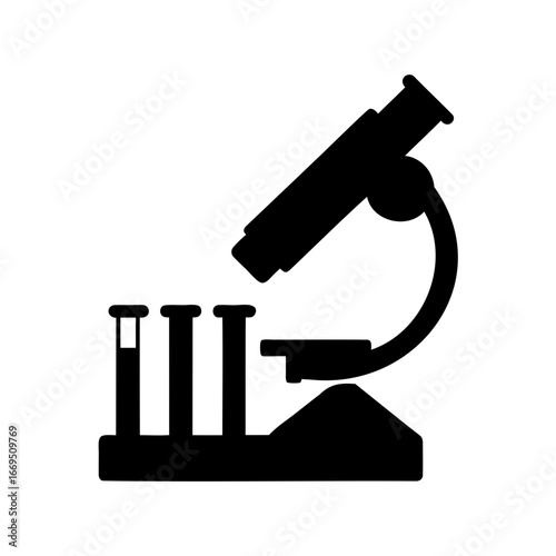 A monochrome icon depicting a microscope and test tubes for scientific research