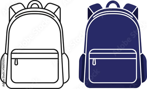 Vector art of two backpacks, one in outline and one in solid color, , representing school