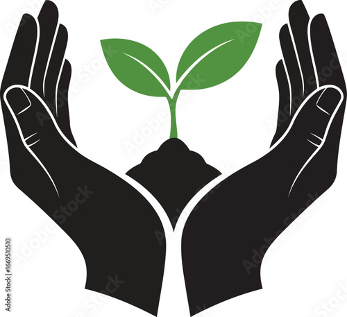 Illustration of two hands holding a young plant, symbolizing growth, care, and environmental awareness