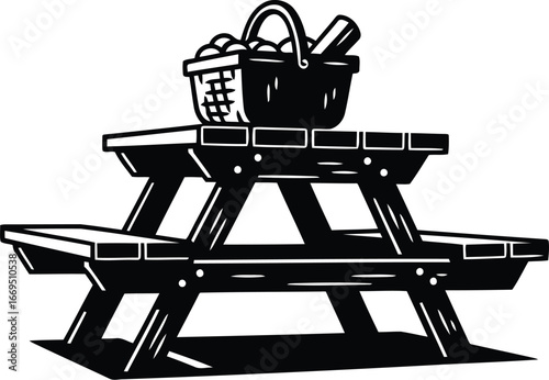 Vector art of picnic table with a basket, perfect for outdoor dining and relaxation