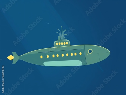 an image of a submarine floating in the ocean with a fish, there is a submarine with a yellow light on it
