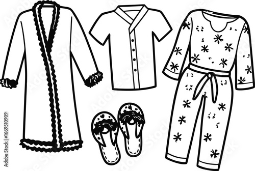 Vector art of cozy sleepwear set featuring a robe, pajama top, pajama pants, and slippers.