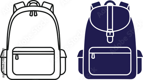 Vector art of two minimalist backpack designs for travel and school