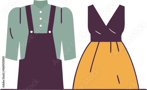 Vector art of two outfits for women a green blouse with dark purple overalls and a dark purple and yellow dress.