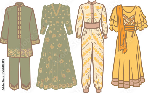 Vector art of collection of traditional Indian ethnic wear for women, including kurtis, salwar kameez, and lehenga, displayed on a transparent background.