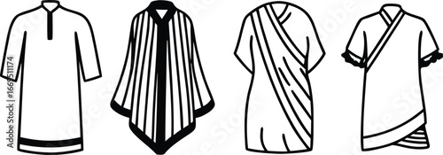 Vector art of group of four different types of traditional and modern tops and tunics, including a kurta, a striped poncho, a sari top, and a wrap top.