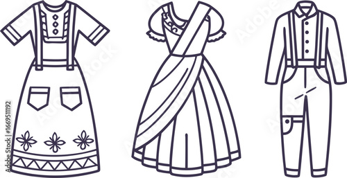Vector art of assortment of three distinct traditional clothing items, including a dress with suspenders, a sari, and a jumpsuit with suspenders.