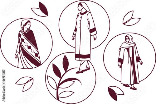 Vector art of three women in traditional clothing, depicted in circular frames with floral elements, symbolizing cultural heritage and diversity.