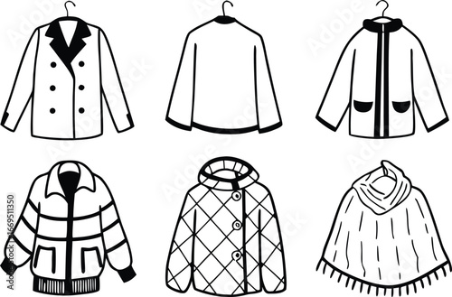 Vector art of collection of six different styles of outerwear jackets and a poncho, displayed on hangers