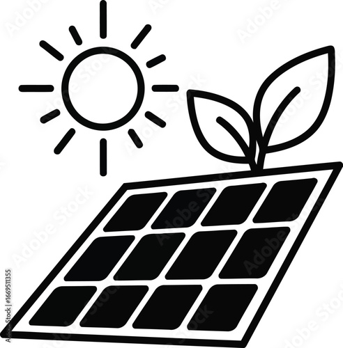Illustration of a solar panel with leaves and sun