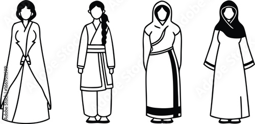 Vector art of four women in traditional clothing from different cultures
