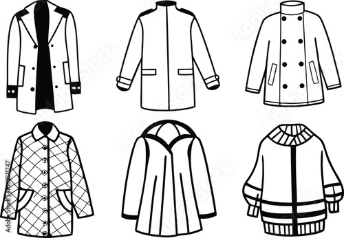 Vector art of collection of six different styles of coats and jackets