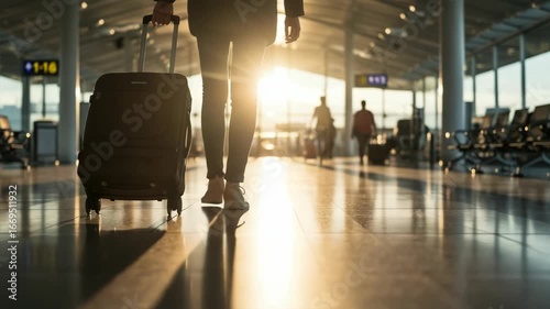 Silhouette of a person with a suitcase walking through an airport terminal at sunset, with sun flare and lens effect