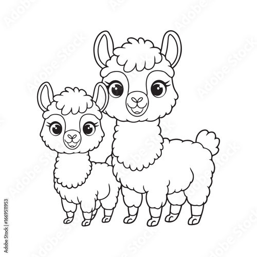 Adorable Mother and Baby Llama Standing Together Coloring Book Page