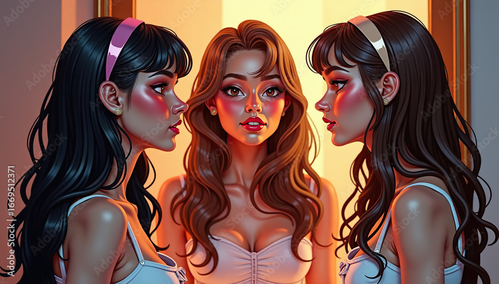 Obraz premium Three glamorous women admiring themselves in a mirror with a glowing background