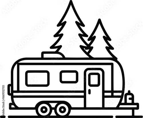 Illustration of a camper trailer with pine trees in the background