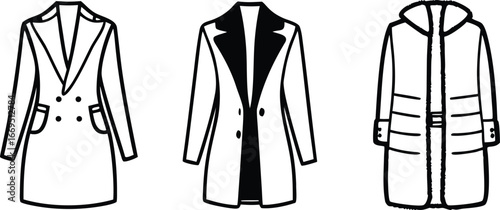 Vector art of collection of three different styles of mens coats, including a doublebreasted coat, a trench coat, and a hooded parka