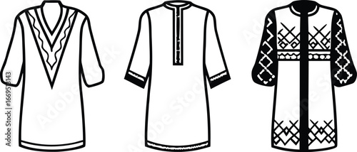 Vector art of collection of three indian kurtas or tunics with intricate necklines and sleeve designs