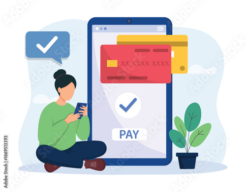 Online payment concept. Online mobile banking. Online pay and electronic bill payment. Security transaction. Vector illustration.